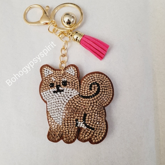 Bling Shibu Dog Crystal Rhinestone Keychain Bag Charm With Pink Tassel - Picture 6 of 14